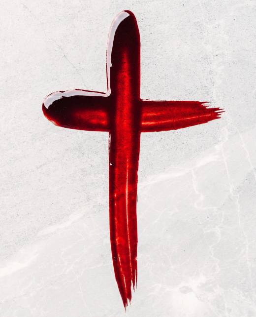 Crucifix made of blood. Good friday. Easter holiday. Christian cross painted with blood on stone background. Passion, crucifixion of Jesus Christ. Gospel, salvation concept.